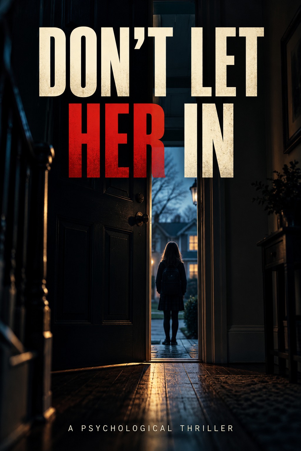 Don’t Let Her In book cover: a girl waits beyond a partly open front door