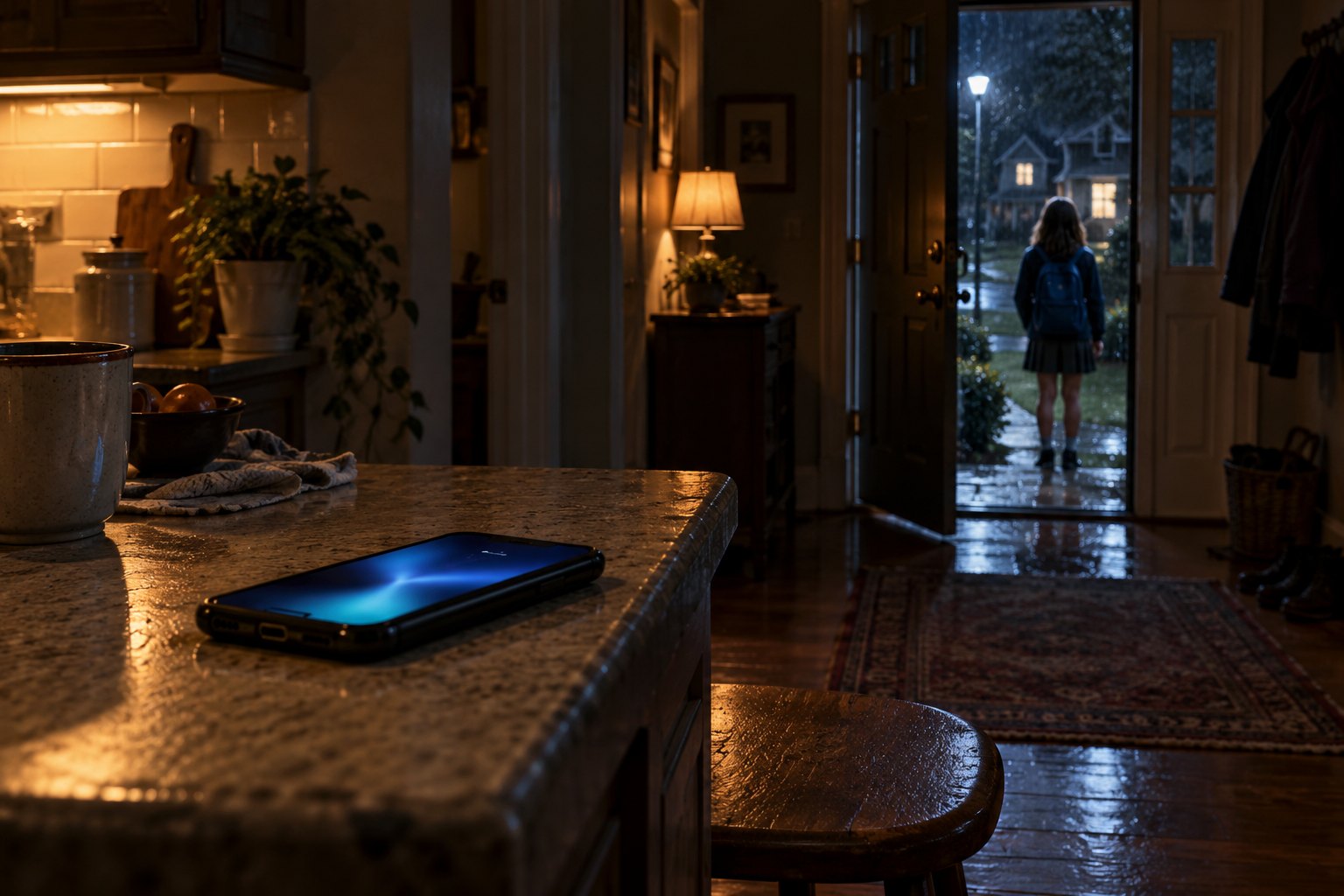 A glowing phone in the kitchen, with a girl waiting outside in the rain